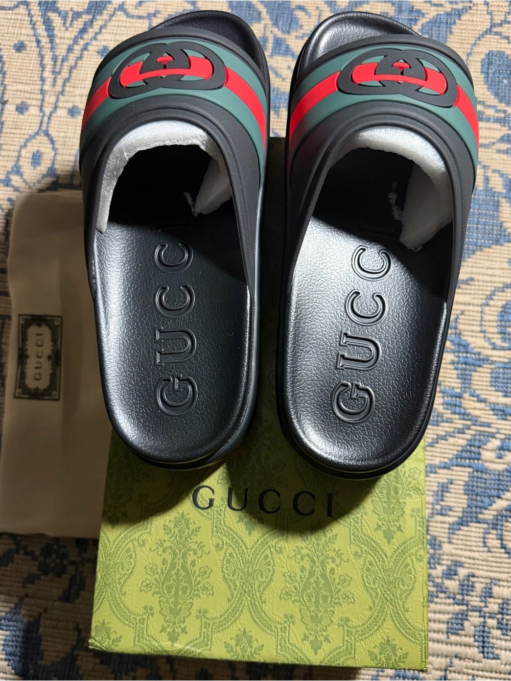 Gucci Black Kids Slide Sandals with Red & Green Stripe